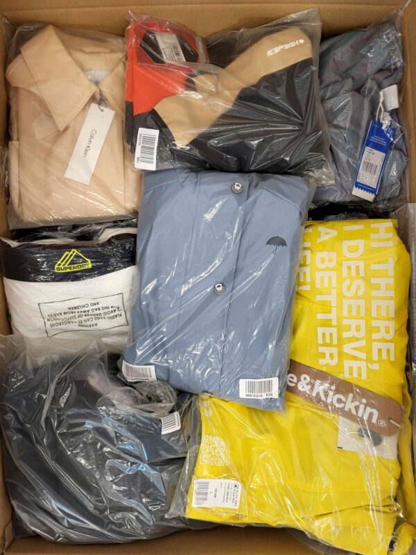 The photo shows a package with clothing in the category AJS.