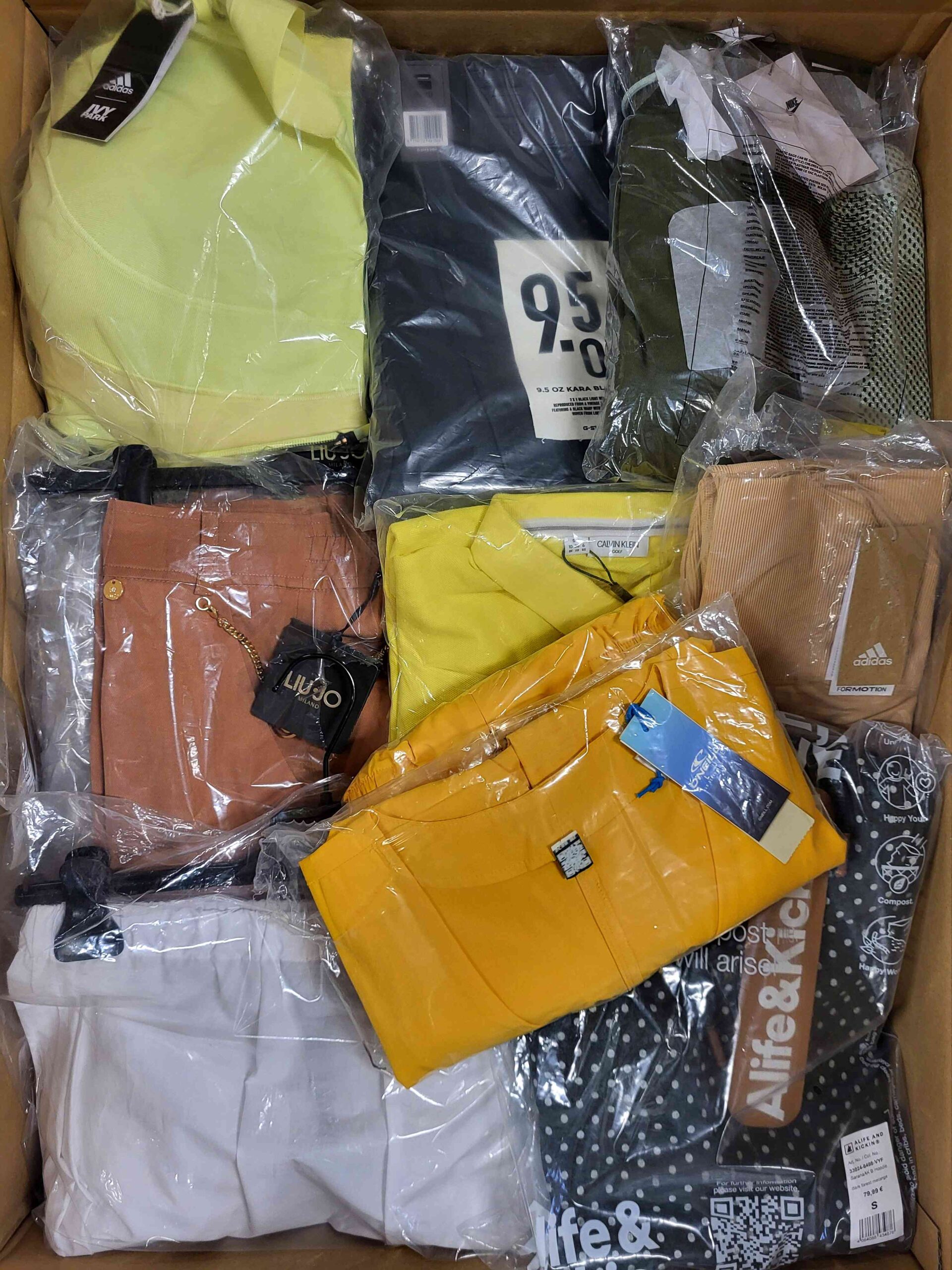 The photo shows a package with clothing in the category AW.