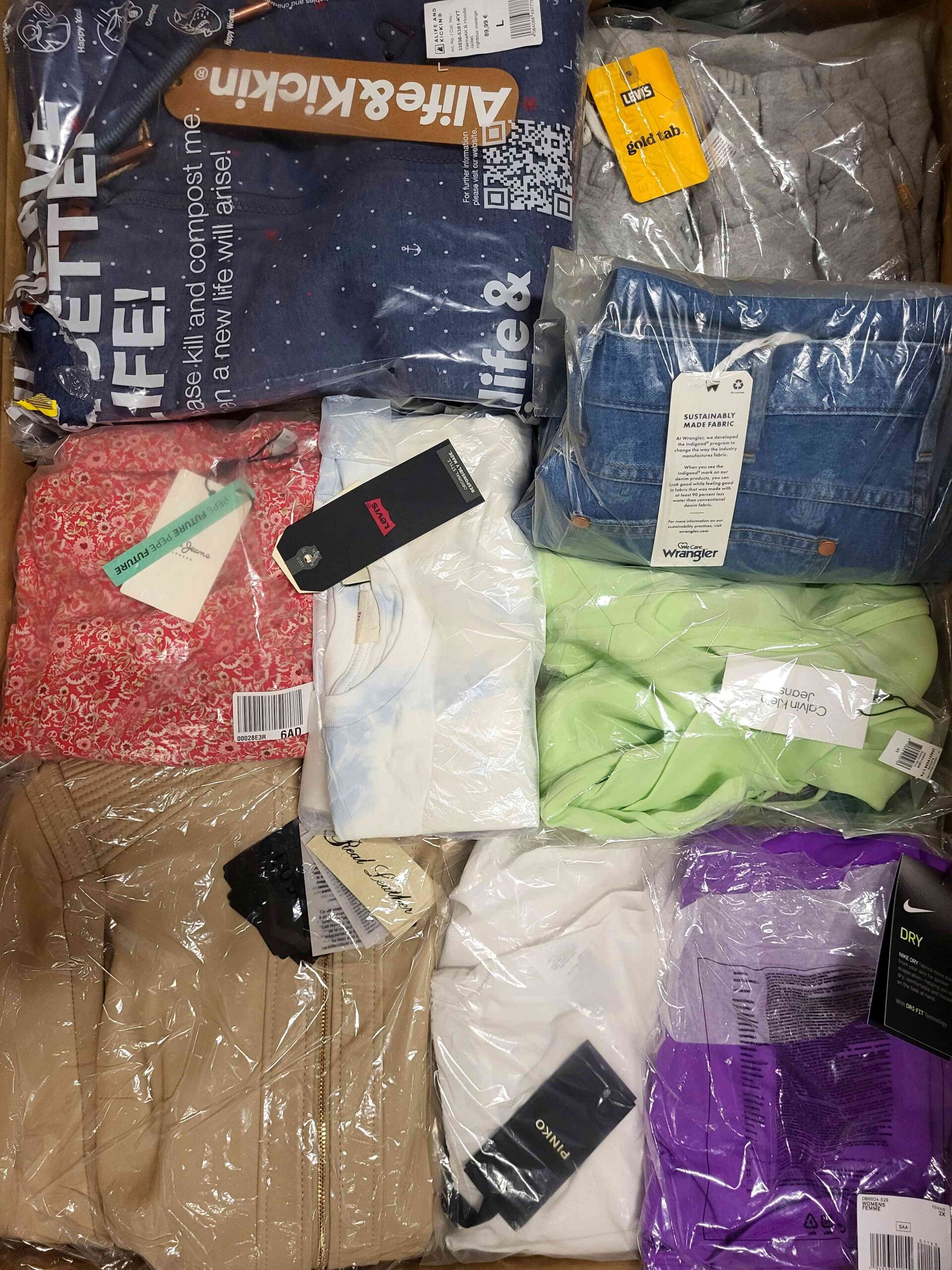 The photo shows a package with clothing in the category AW.
