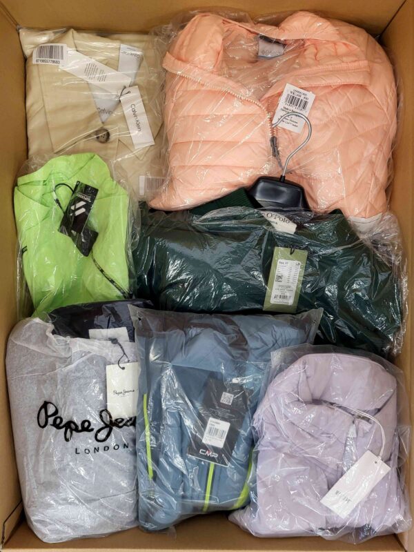 The photo shows a package with clothing in the category AJS.