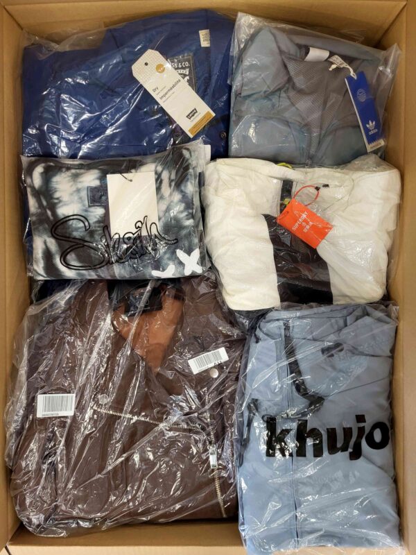 The photo shows a package with clothing in the category AJS.