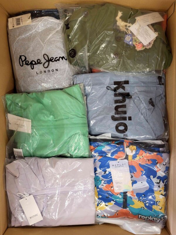 The photo shows a package with clothing in the category AJS.