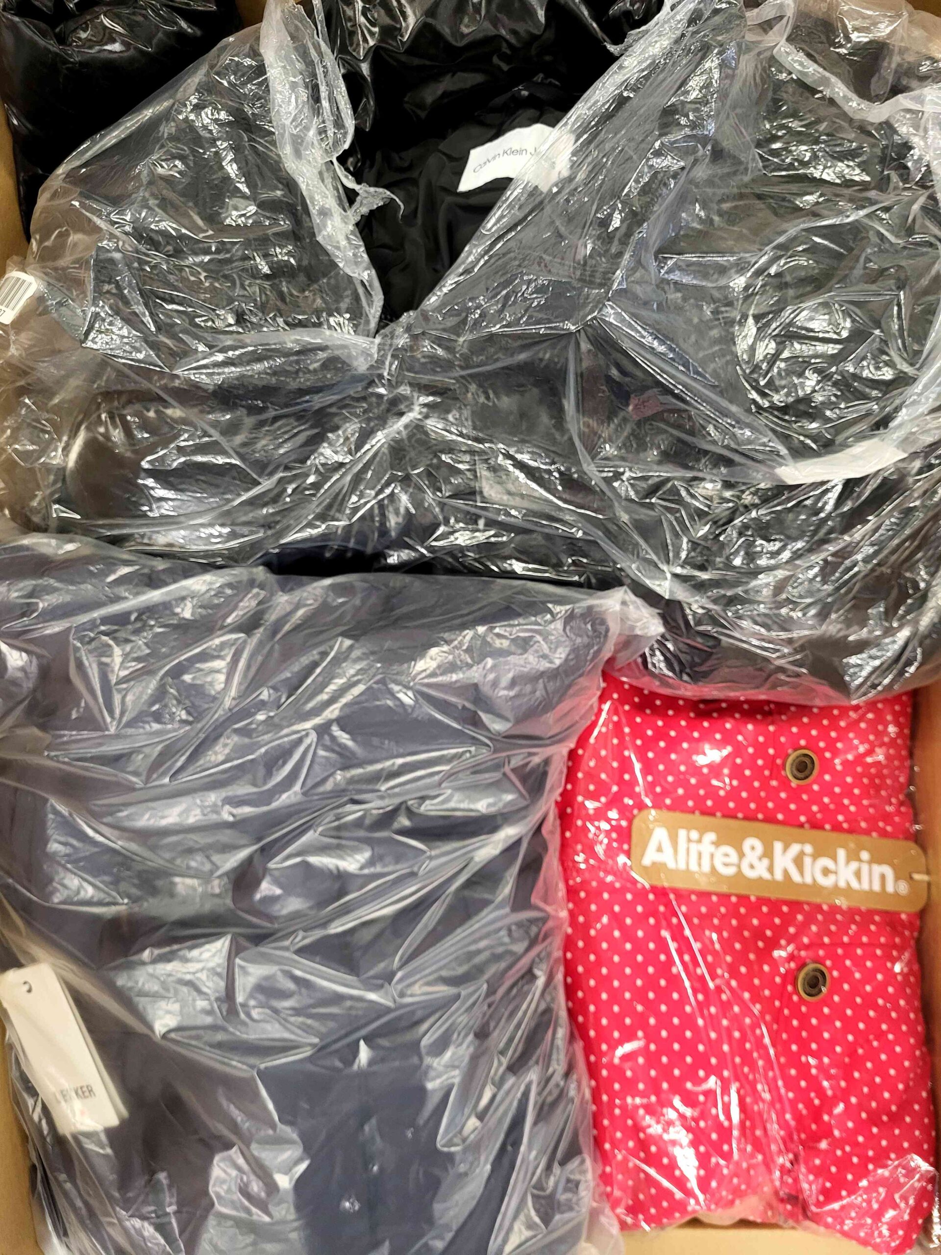 The photo shows a package with clothing in the category AJW.