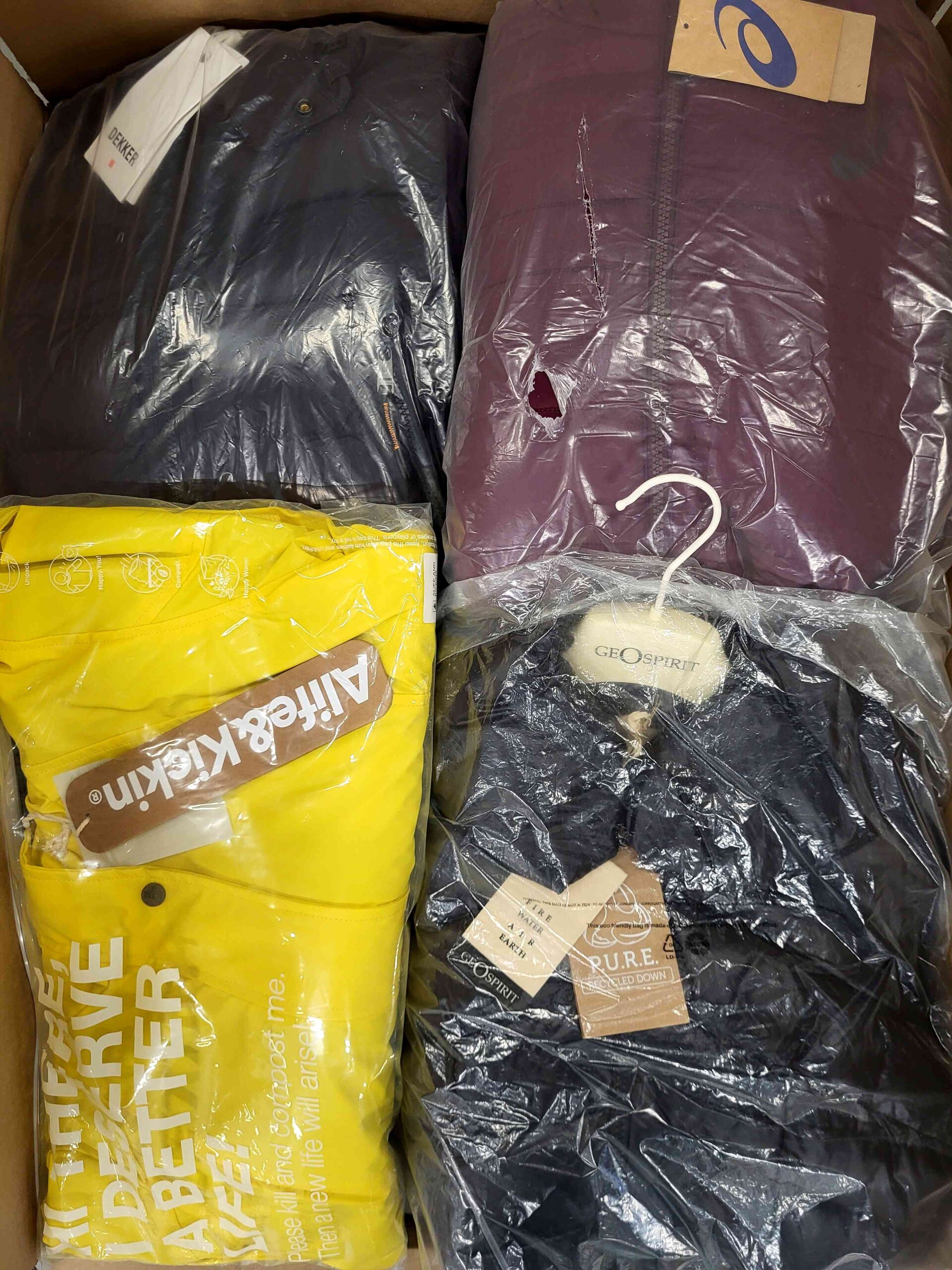 The photo shows a package with clothing in the category AJW.