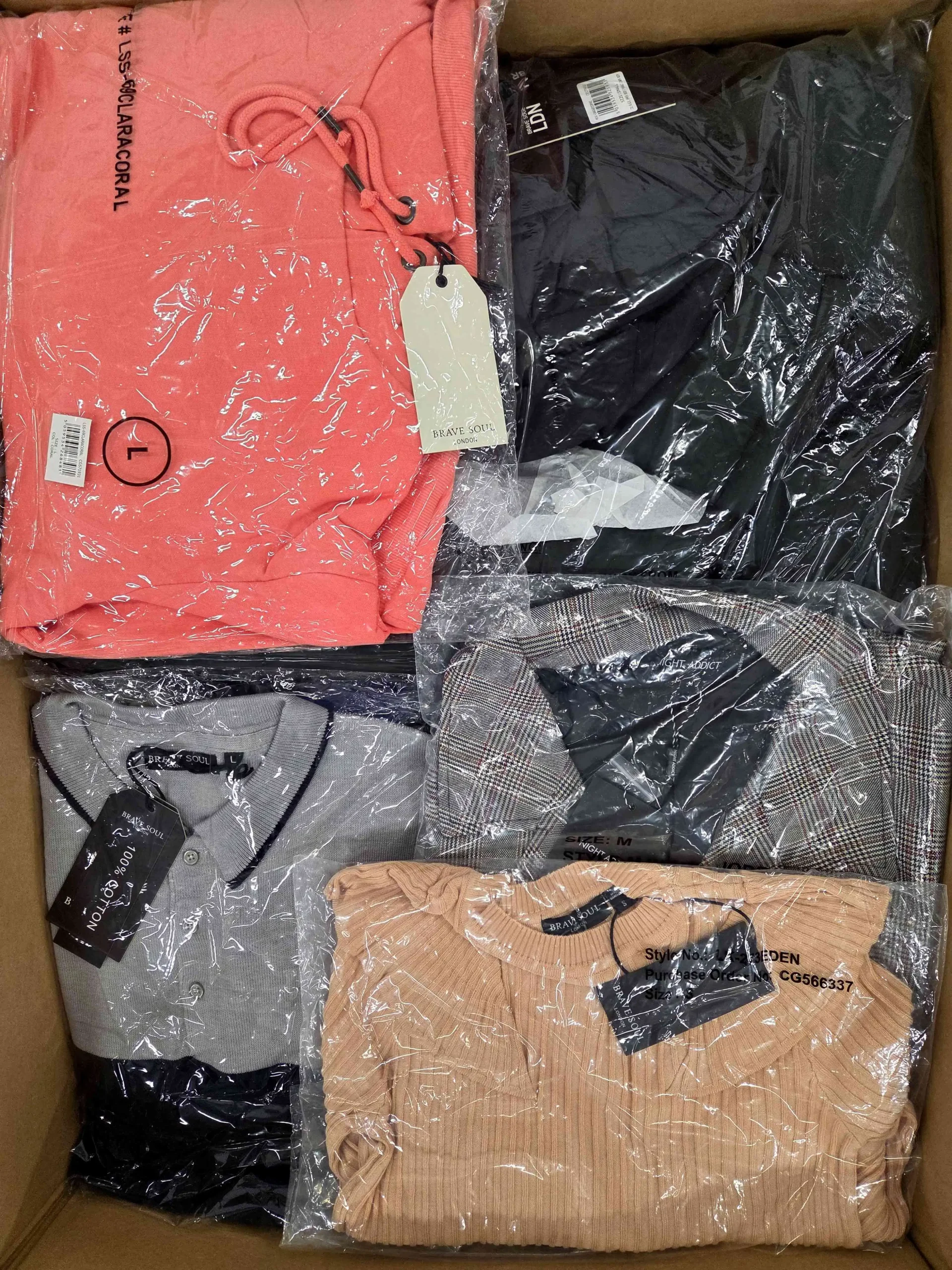 The photo shows a package with clothing in the category BB.
