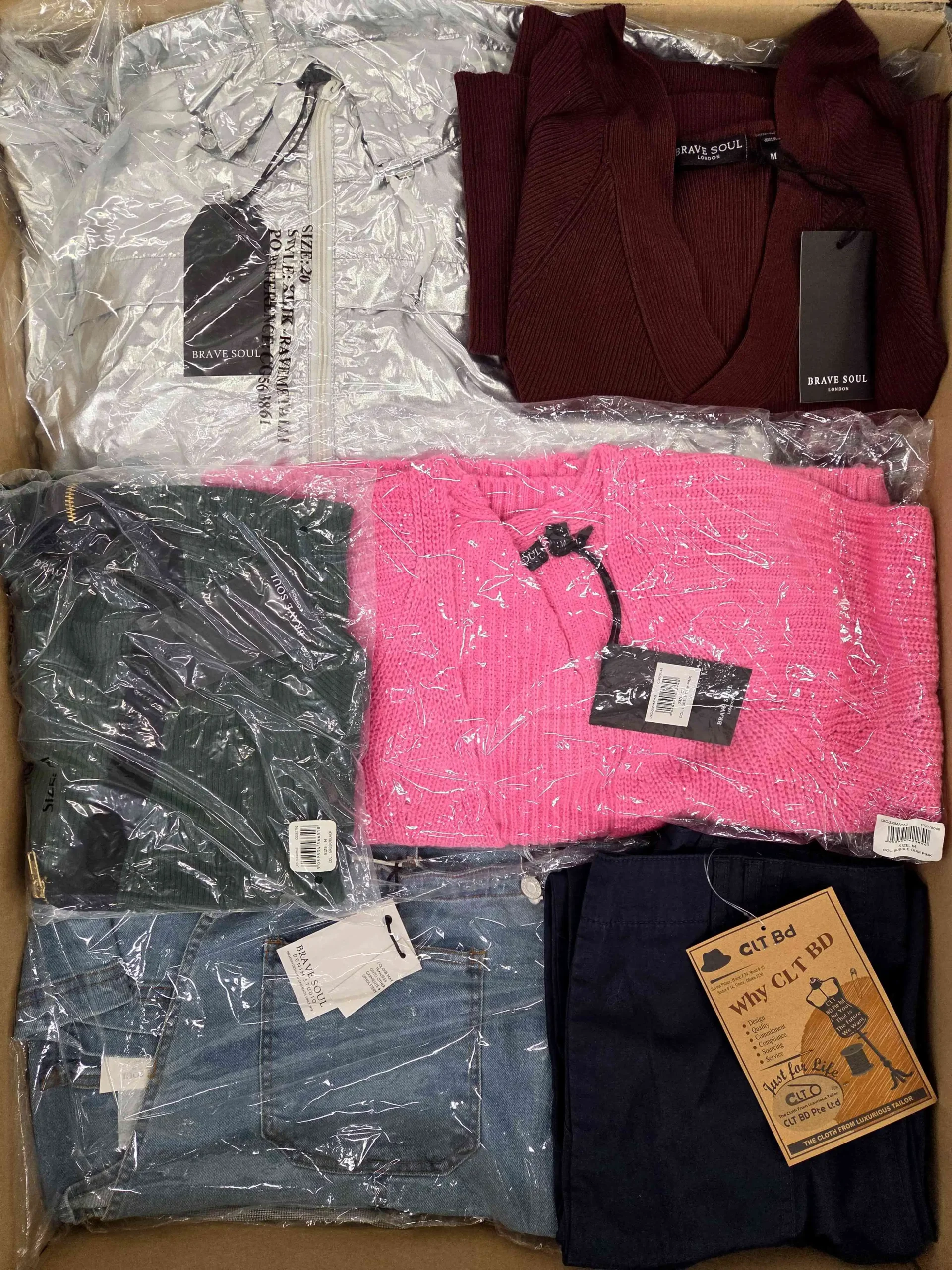 The photo shows a package with clothing in the category BB.