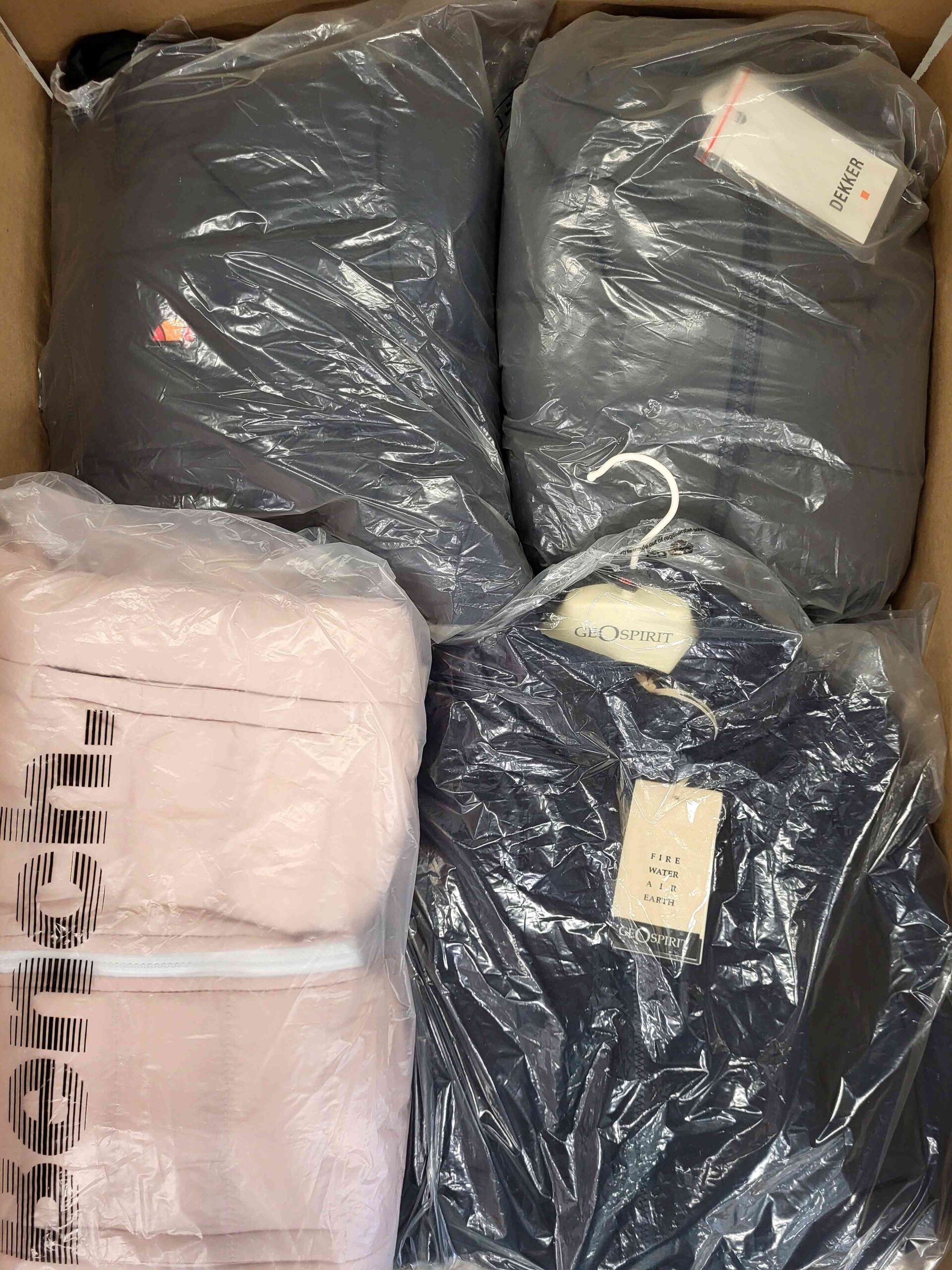 The photo shows a package with clothing in the category AJW.