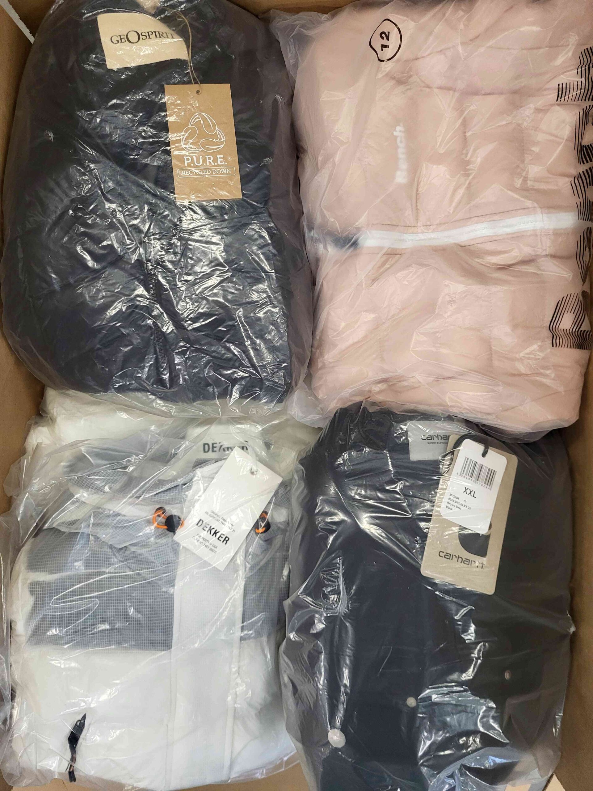 The photo shows a package with clothing in the category AJW.