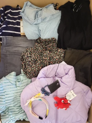 The photo shows a package with clothing in the category TSC.