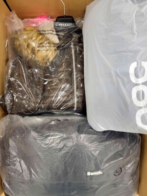 The photo shows a package with clothing in the category AJW.